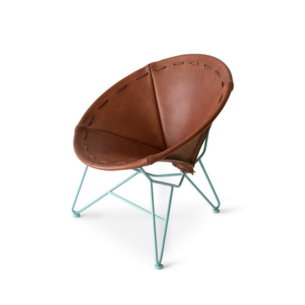 Saddle Leather Round Chair in Chocolate with Aqua Base