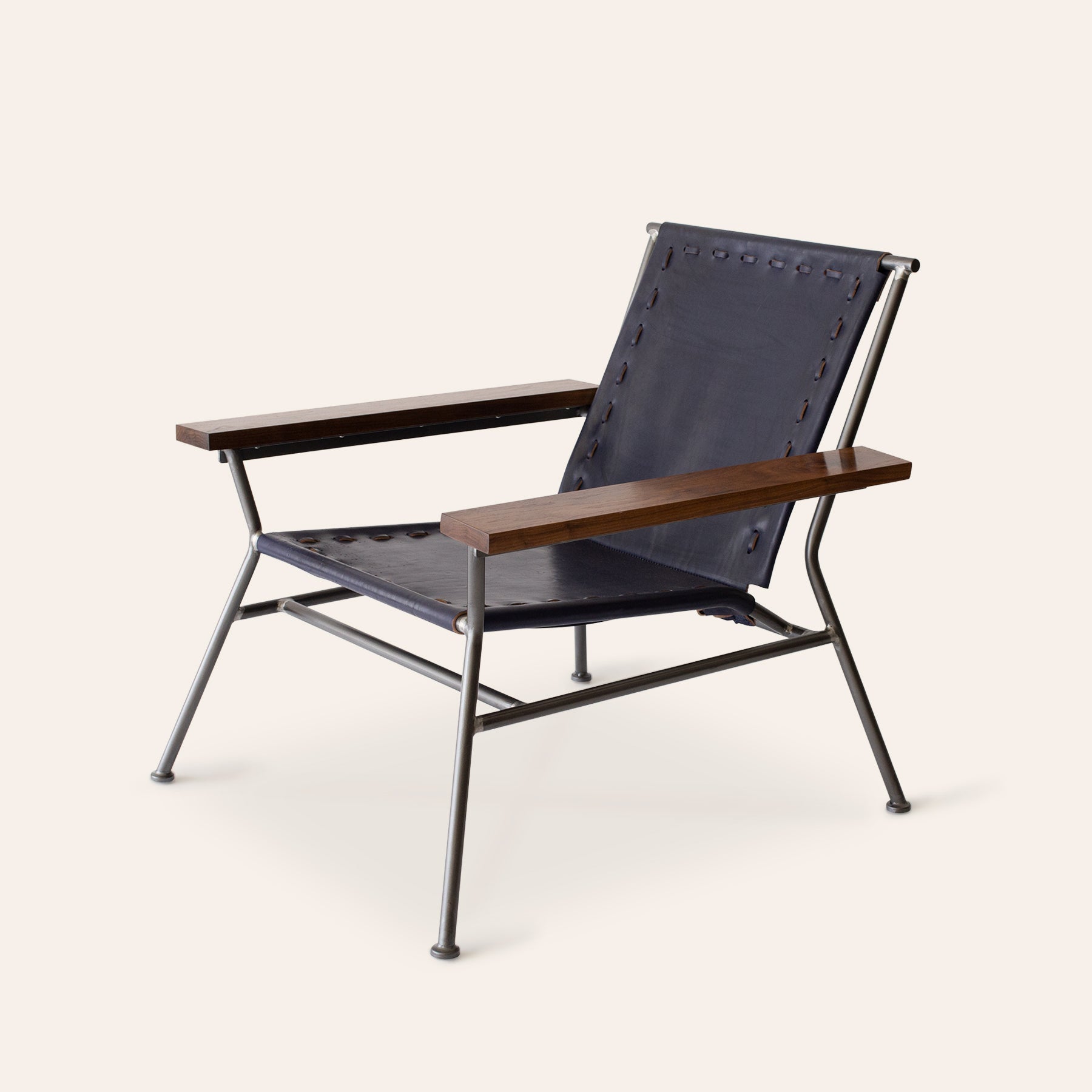 Saddle Leather Arm Chair in Blue with Natural Steel Base
