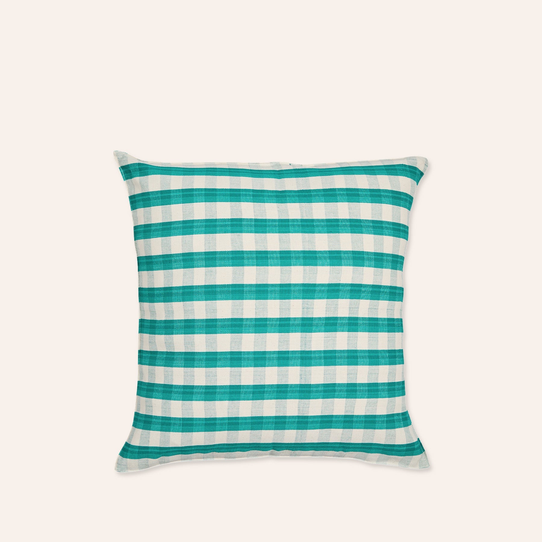 Cotton Check Square Pillow in Green & Off-White