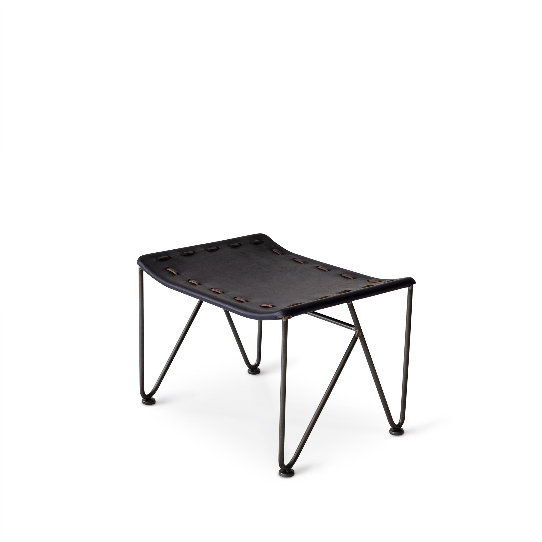 Saddle Leather Ottoman in Blue with Natural Steel Base Zoom Image 1