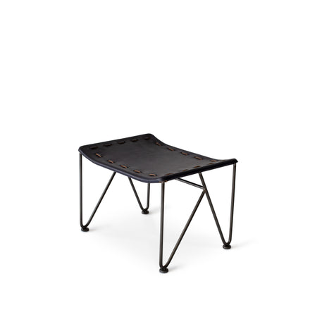 Saddle Leather Ottoman in Blue with Natural Steel Base